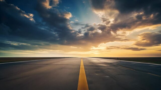 An empty airport runway stretching into the horizon under a dramatic sunset sky. The golden light and cloud formations create a stunning and inspiring scene symbolizing travel, adventure, and new