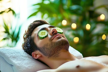 Man relaxing in spa with cucumber slices on his face, pleasure, harmony, massage