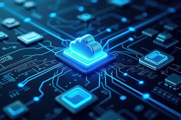A Dynamic Digital Network Featuring a Centralized Cloud Icon Highlighted with Blue Light against a High-Tech Circuit Board Background