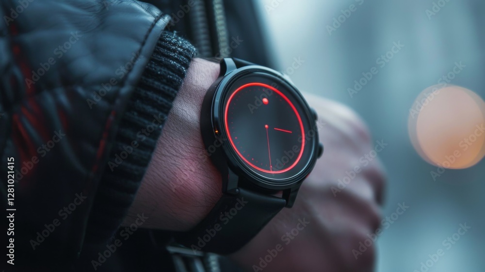 Aufkleber a person is checking a sleek black smartwatch with a glowing red display. the environment appears ur