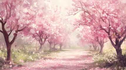 Fototapeta premium Path through blooming cherry blossom trees in spring