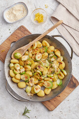 Gnocchi with Brussels Sprout and Garlic in a pan