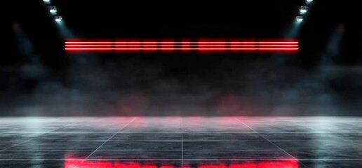 Fototapeta premium A 3D rendered futuristic sci-fi environment showcases a garage room with smoke, fog, neon lights, and laser beams, surrounded by red electric accents and cyber underground details, set against the