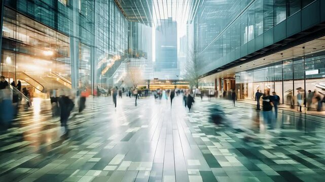 A futuristic urban business district with glass skyscrapers and blurred silhouettes of people moving. The modern architecture and dynamic motion reflect the fast-paced lifestyle of a global city