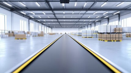 Fototapeta premium A spacious warehouse interior featuring a long conveyor belt, with neatly stacked boxes lined along the sides under bright overhead lighting.