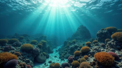 Naklejka premium Sunlit underwater view of coral reef affected by coral bleaching in ocean 