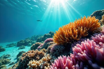 Sunlit shallow coral reef, showcasing intricate detail , natural beauty, backdrop, image