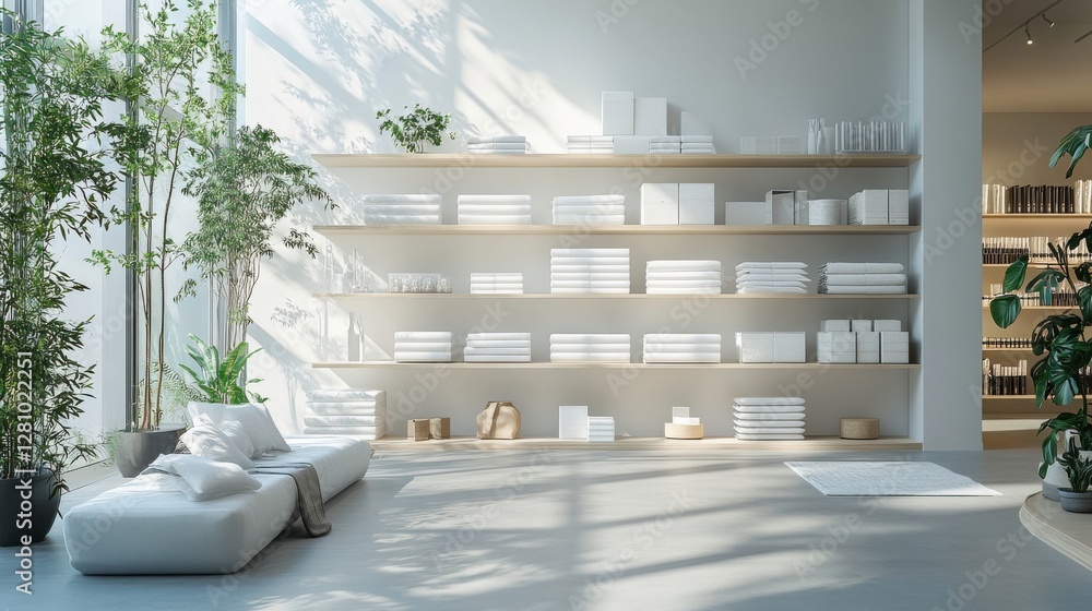 Poster a minimalistic interior featuring a light-filled space with a wooden shelf displaying neatly arrange