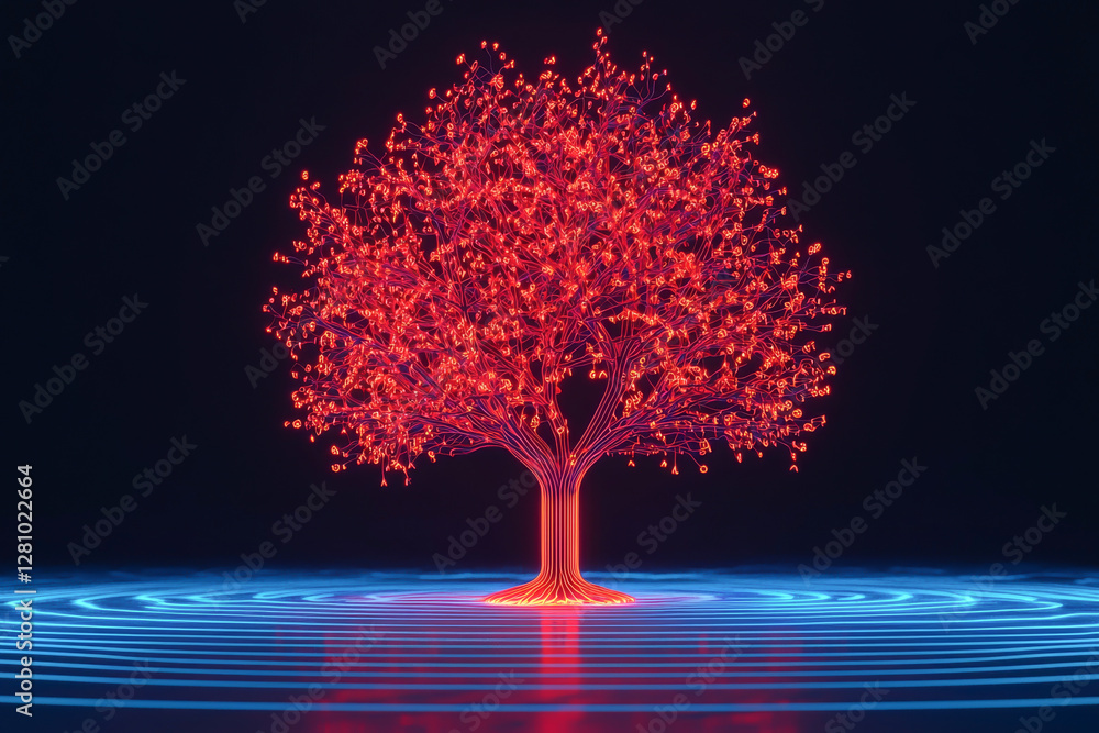 Poster a vibrant red tree illuminated against a dark background with glowing blue patterns.