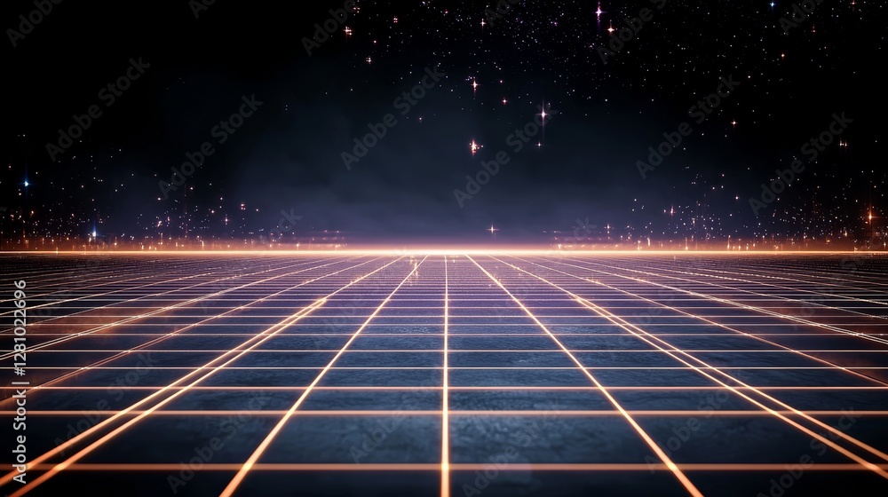 Poster an 80s game scene with 8-bit pixel art and a sci-fi background is set against a futuristic laser gri