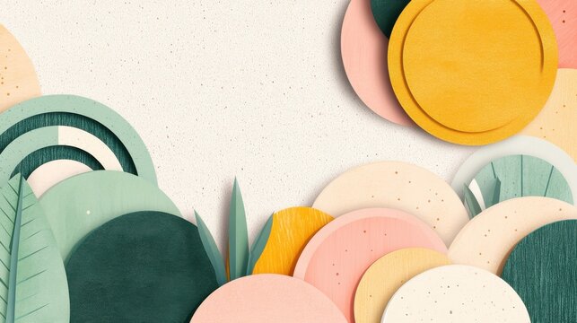A vibrant abstract design featuring layered circles in pastel colors and leafy shapes on a textured background.