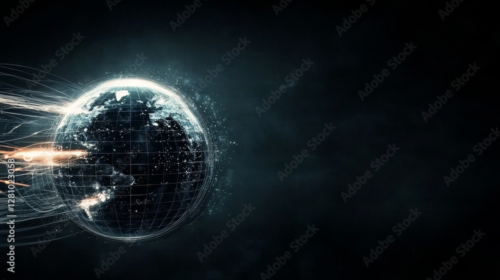 Poster connection lines circling the earth globe and the motion of digital data flow illustrate the concept