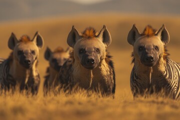 Hyenas stand united in golden grasslands, showcasing their uniqu