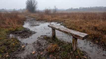 Fototapeta premium Rustic wooden park bench in a muddy field on a misty autumn day. Possible use Stock photo for nature, travel, leisure
