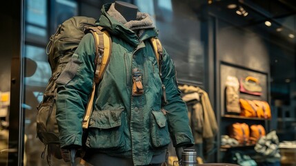 Green Jacket With Backpack Mannequin Display