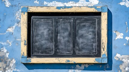 Naklejka premium Rustic Wooden Frame Blackboard on Weathered Blue Wall