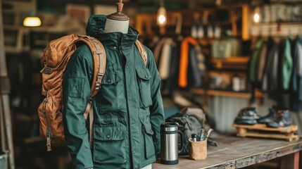 Green Jacket Backpack Outfit Displayed On Mannequin