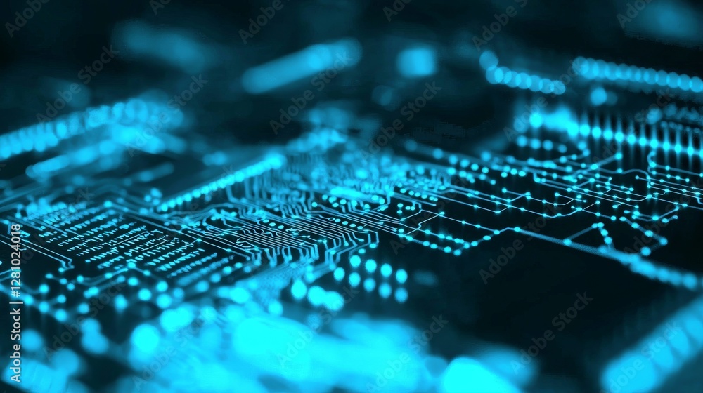 Poster in a 3d illustration, blue futuristic abstract digital virtual reality matrix particles and grid for