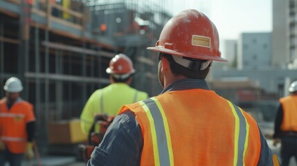 Adult men working at construction site wearing safety gear and hard hats