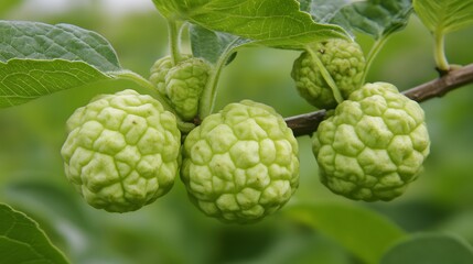 Fototapeta premium Closeup of Green Maclura pomifera Fruits on Branch