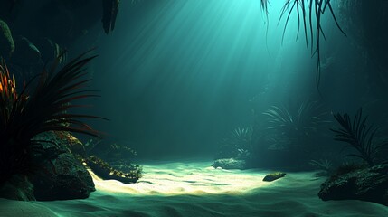 Mysterious Underwater Cave with Light Rays and Sandy Floor