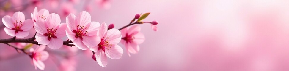 Pastel pink cherry blossoms in a gradient background with delicate branches and leaves, floral, gentle hues