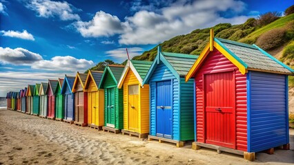 Naklejka premium Quaint and Colorful Beach Huts Enhance Coastal Charm