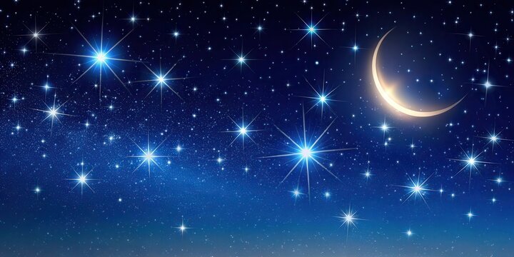 A vast night sky with twinkling stars and a bright crescent moon shining on a dark blue background , astronomy