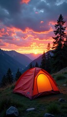 Tranquil campsite at sunset Tent pitched, beautiful view , tranquil, relax