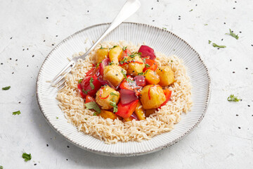Sweet and Sour Pumpkin and Tofu with Brown Rice
