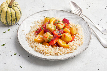 Sweet and Sour Pumpkin and Tofu with Brown Rice