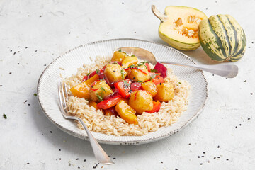 Sweet and Sour Pumpkin and Tofu with Brown Rice