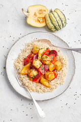 Sweet and Sour Pumpkin and Tofu with Brown Rice