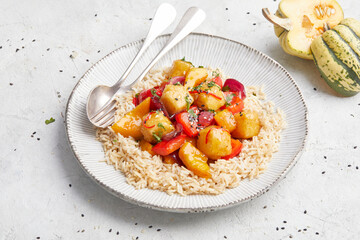 Sweet and Sour Pumpkin and Tofu with Brown Rice