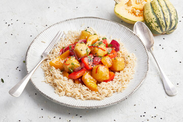 Sweet and Sour Pumpkin and Tofu with Brown Rice