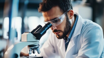 Young male scientist in lab coat analyzing samples through microscope