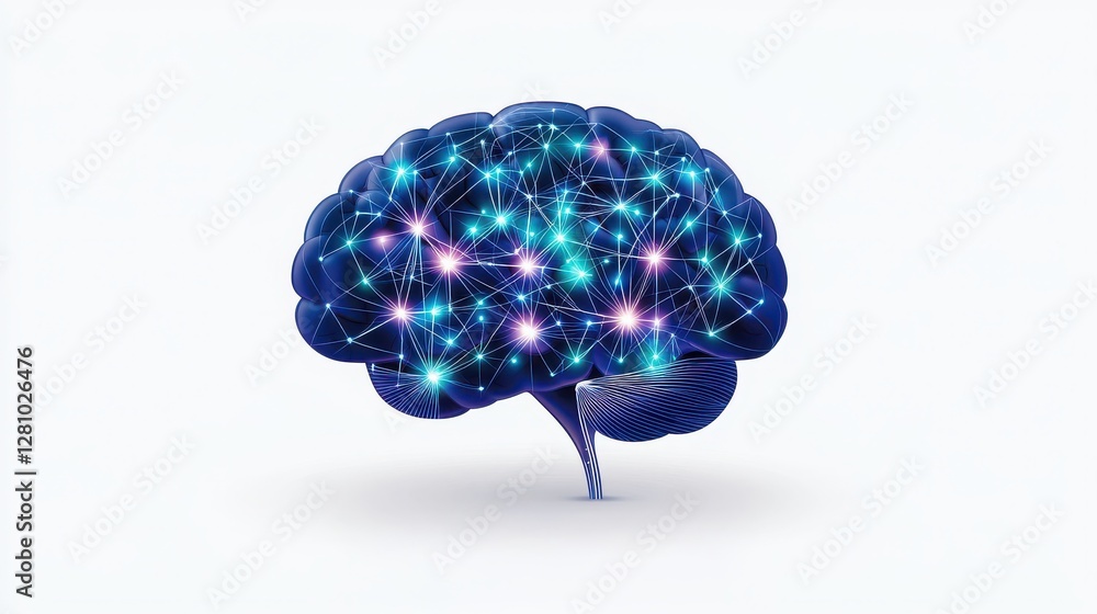 Poster a vibrant, digital illustration of a brain connected by glowing lines and nodes, symbolizing neural 