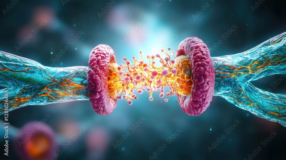 Poster a vibrant depiction of synaptic transmission, showcasing the connection between neurons with colorfu