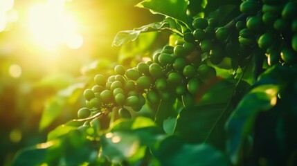 Green coffee beans on branch with sunlight in background