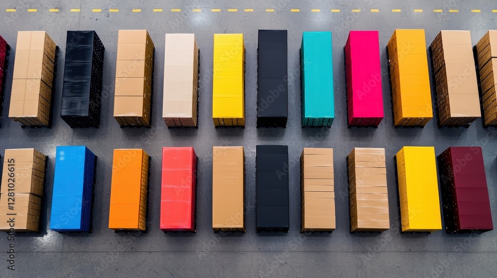 Poster aerial view of colorful shipping containers arranged in neat rows on a concrete surface.