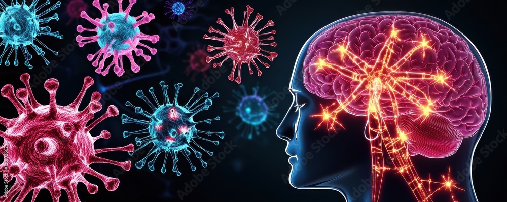 Poster a digital illustration showing a human brain connected to colorful virus molecules, symbolizing the 