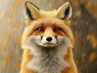 Fototapeta premium Red Fox in the Rain Autumn Forest Portrait