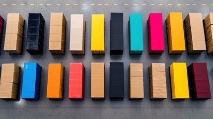 Fototapeta premium Aerial view of colorful shipping containers arranged in neat rows on a concrete surface.