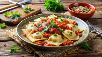 Steamed ravioli with rich ragout sauce served on a rustic wooden table