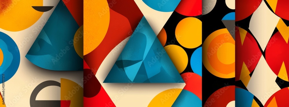 Poster this geometric seamless pattern set includes circles, squares, rounded shapes, triangles, and hexago
