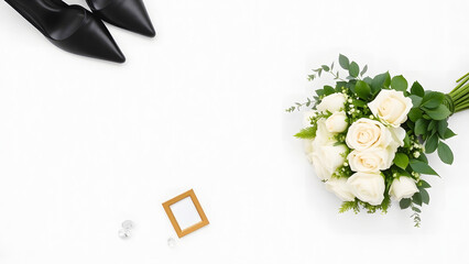 Elegant wedding accessories with black heels, white floral bouquet, gold ring box, minimal luxury bridal arrangement, modern wedding style.