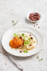 Butternut Squash Mille Feuille With Brussels Sprouts and Pureed Potato