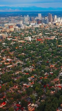 American Colorado state panorama city. Aerial view of urban Denver cityscapes. Vertical video