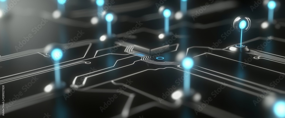 Poster futuristic circuit board concept, rendered in 3d, showcasing an illuminated processor that sends inf