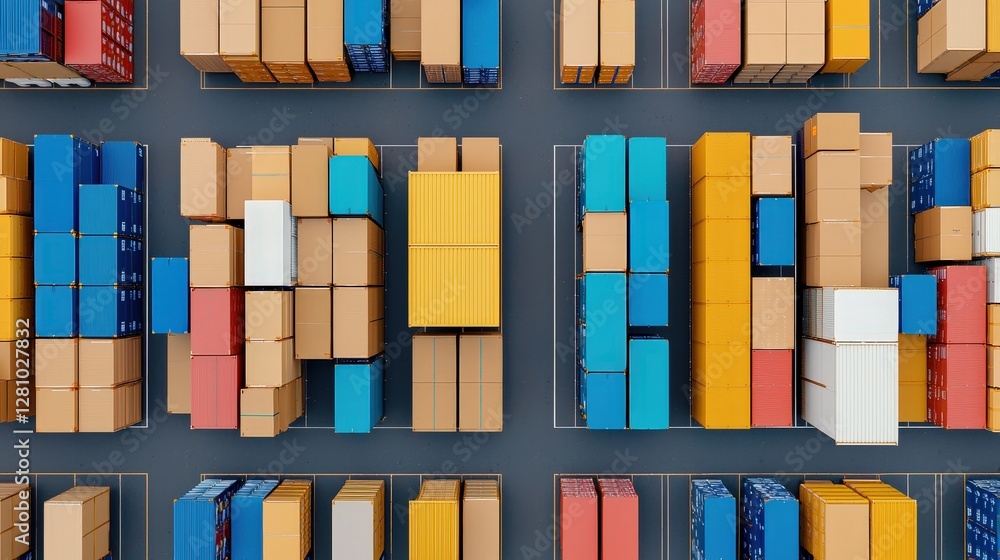 Poster aerial view of a shipping yard filled with colorful cargo containers arranged in neat rows, showcasi